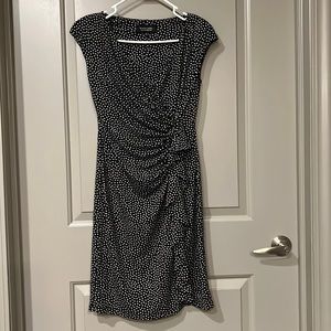 Black and Cream Polka Dot Faux Wrap Dress with Ruched Side Ruffles